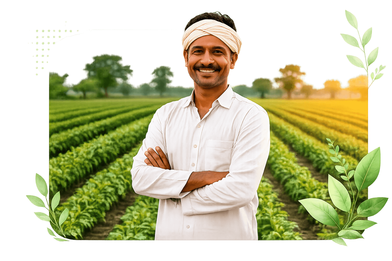 Smiling Indian farmer in a green field
